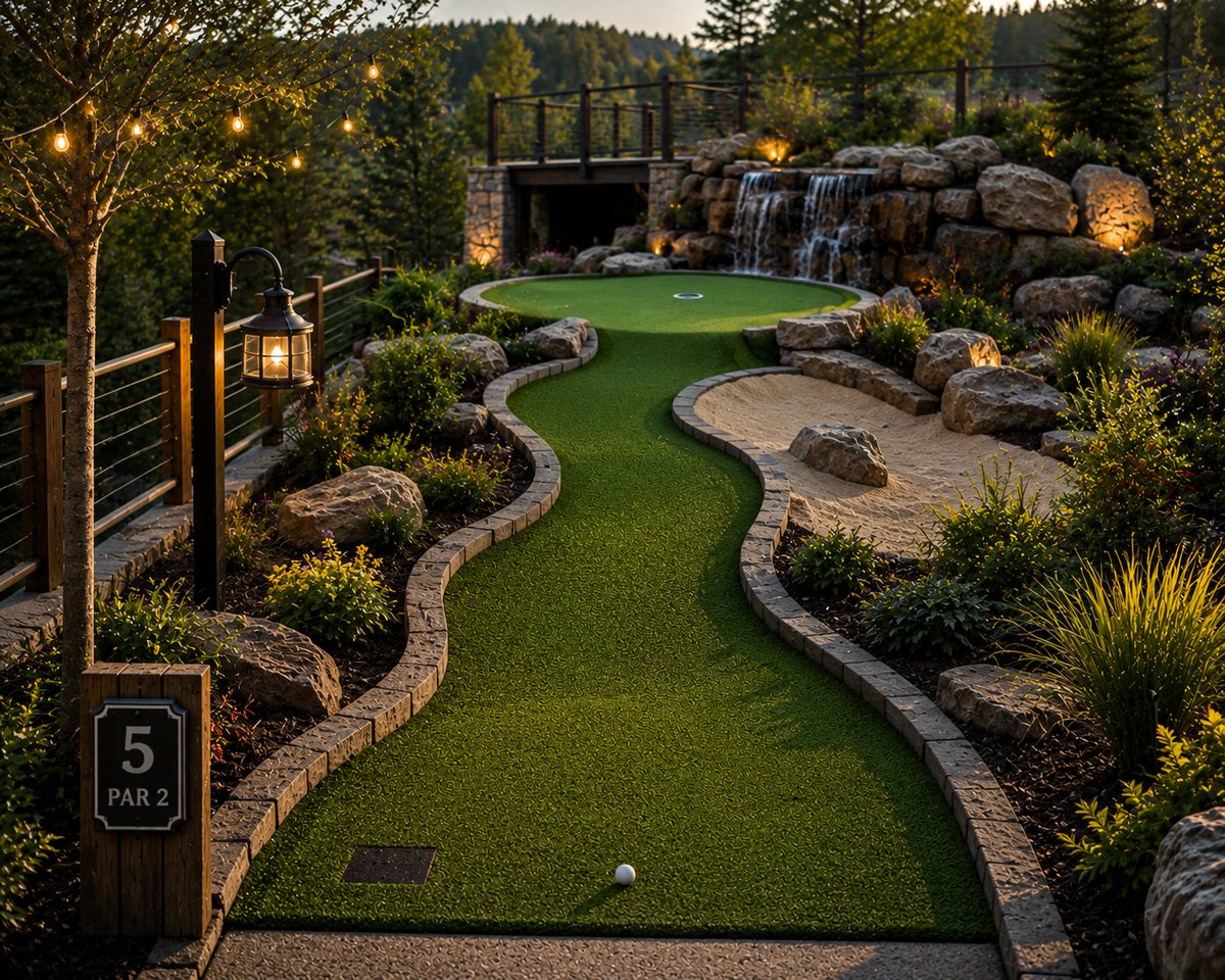 A custom-built mini golf hole at dusk with waterfall, sand bunker, and lantern lighting