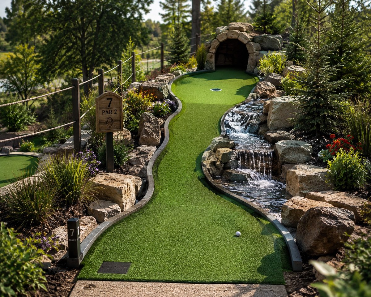 A custom-built mini golf hole with waterfall and rockwork